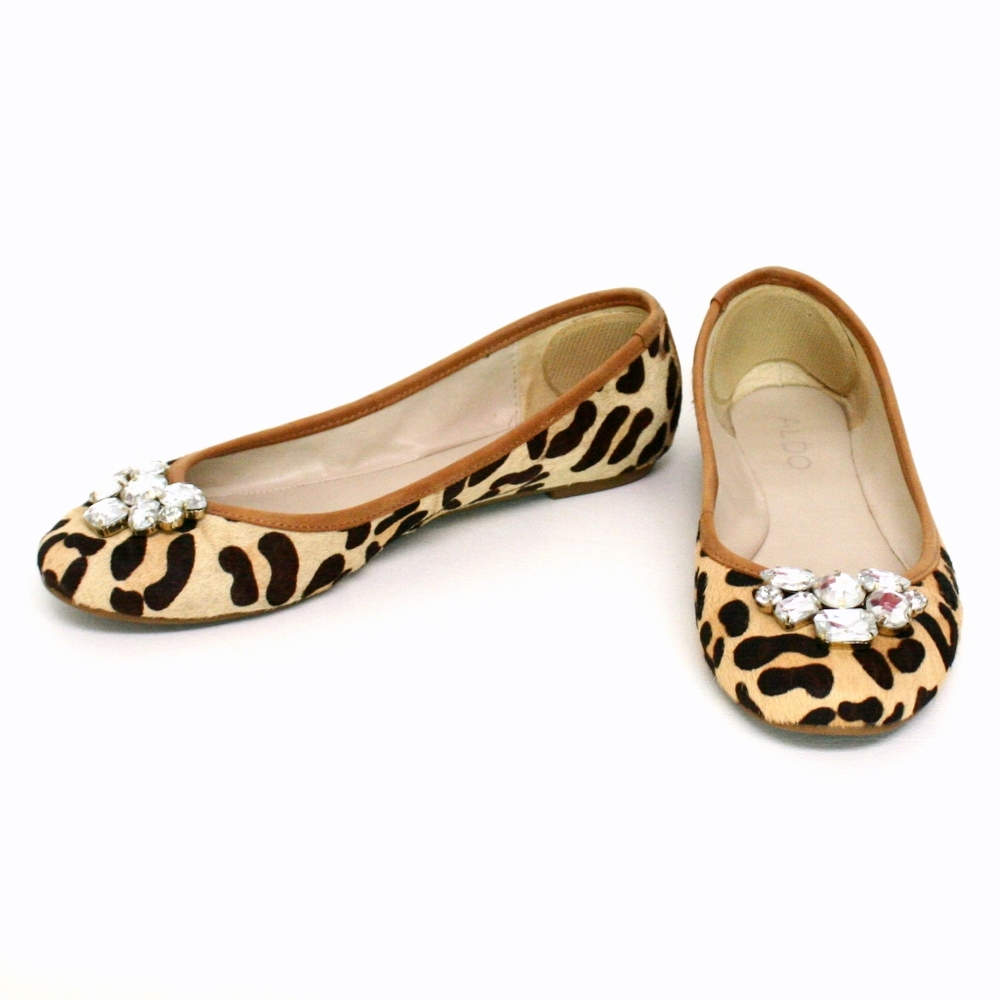 Calf Hair Leopard Print Flats with Jeweled Accent